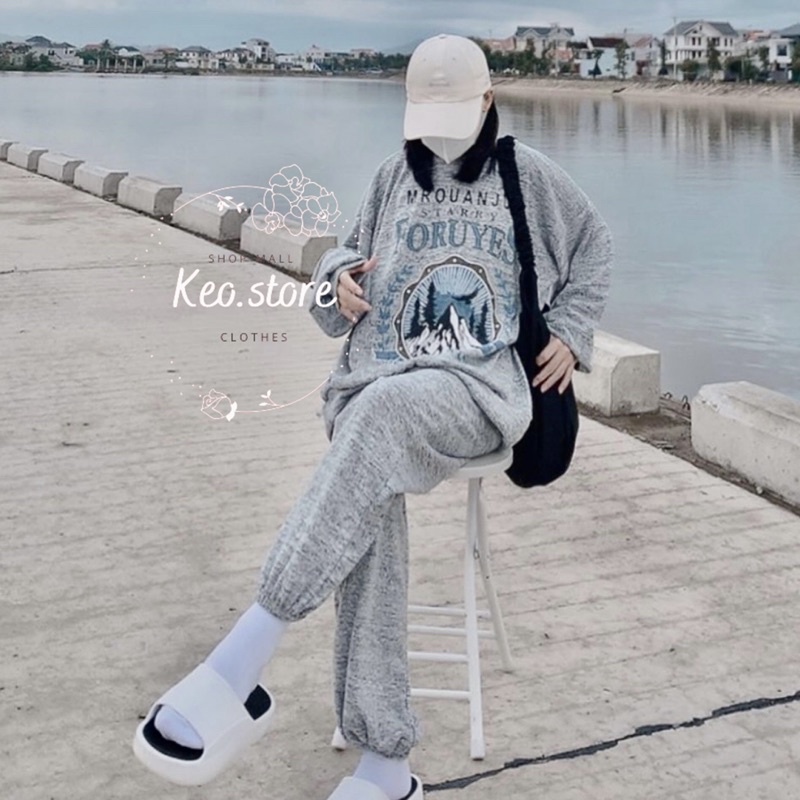 Đồ bộ nữ, Set đồ dài tay màu xám chất nỉ mùa đông phong cách Hàn Quốc Ulzzang dành cho nữ dáng unisex thể thao cá tính