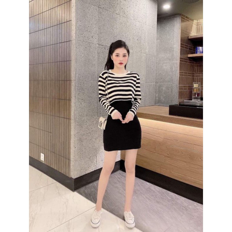 Set nữ len tăm đầm body đen 2 dây mix áo sọc SC