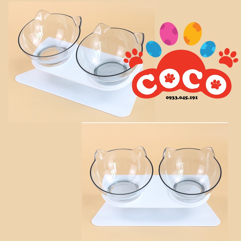 Bát/Chén ăn đôi cho thú cưng hình tai mèo - Bát/Chén ăn đôi trong suốt chống gù lưng cho mèo