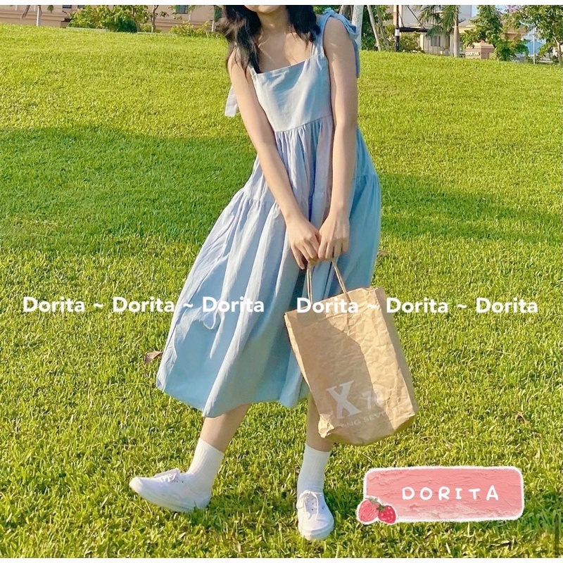 Váy babydoll hai dây buộc nơ vai 2 lớp, Đầm hai dây bản to dáng dài - Dorita Boutique