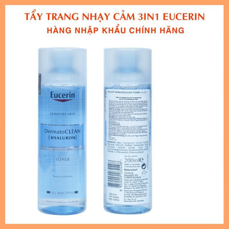 Nước tẩy trang 3 trong 1 Eucerin DermatoClean Micellar Cleansing Fluid da nhạy cảm