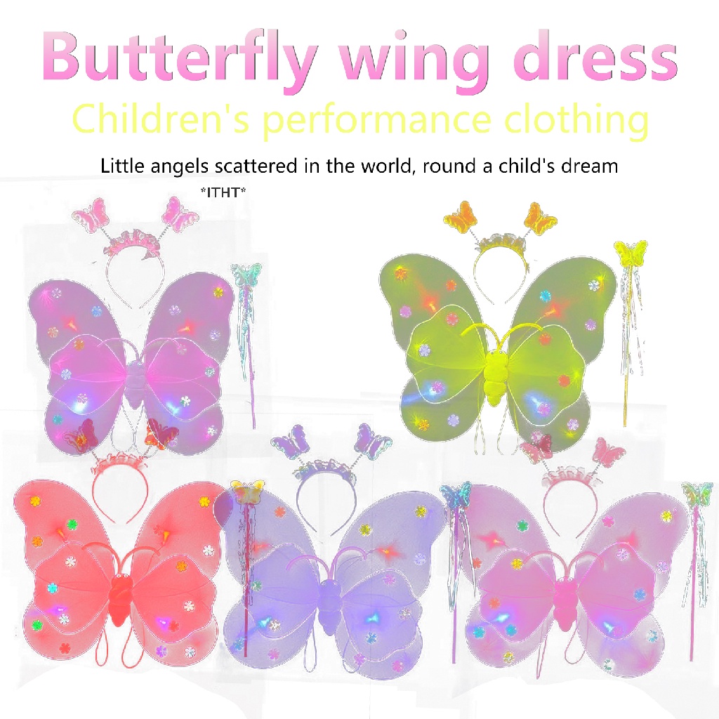 Set 4 Phụ Kiện Cài Tóc Hình Cánh Bướm Hai Lớp Gắn Đèn Led Phát Sáng Cho Bé Gái