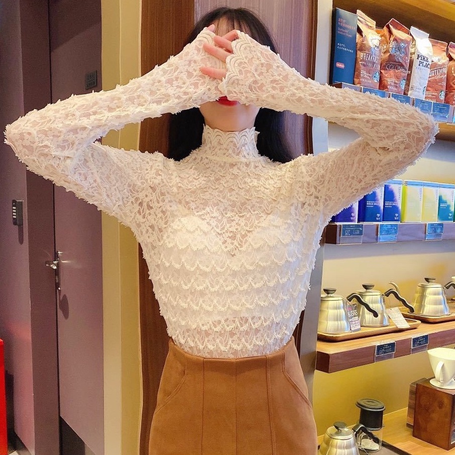 Áo ren tầng nữ dài tay xuyên thấu, áo nữ ren kiểu tay dài dạng áo vảy cá co giãn mềm mịn sexy cho nữ.