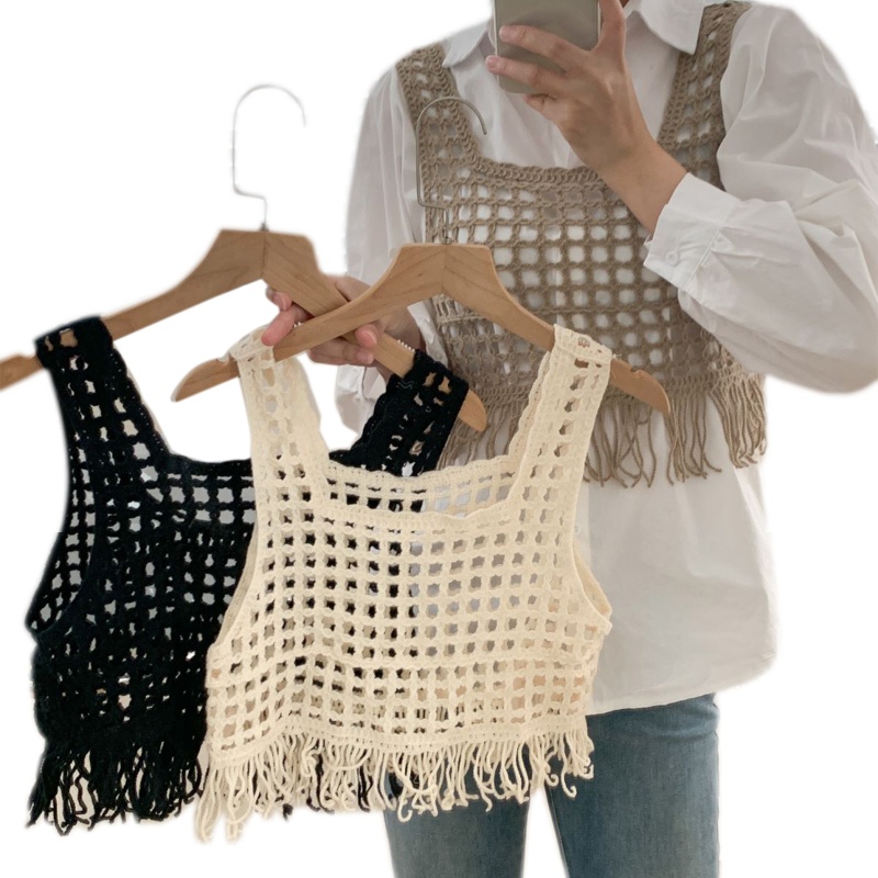 Xiangbao Áo Không Tay Mini Phối Tua Rua Phong Cách Pháp Thanh Lịch Cho Nữ