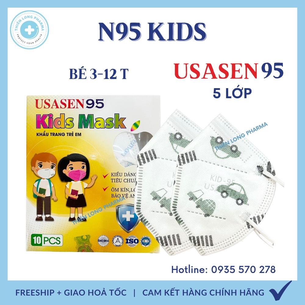 [Hộp 10 Cái] Khẩu trang trẻ em N95 5 lớp USASEN, khẩu trang n95 kids kháng khuẩn cho bé hàng chính hãng