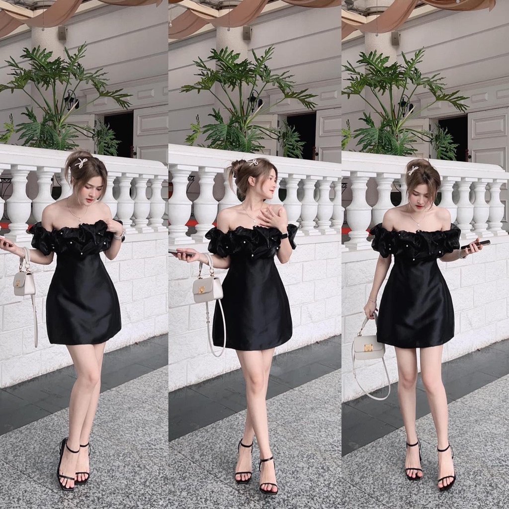 Đầm Nữ Thiết Kế Trễ Vai Dáng Ngắn Bèo Đính Ngọc Họa Tiết Trơn  Phong Cách Quyến Rũ Màu Trắng, Đen  | ROSE CLOTHING D0615