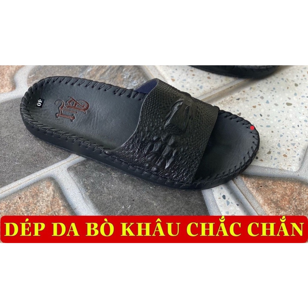 Dép Nam Da 1 Bản Chất Da Bò Dập Vân Cá Xấu Màu Đen Đã Khâu Viền Chắc Chắn Bền Đẹp