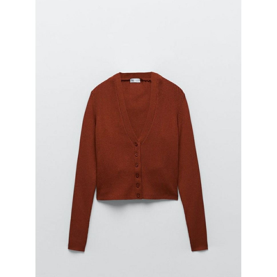 Áo cardigan nữ dáng ngắn màu nâu đỏ Za.ra Đức size S