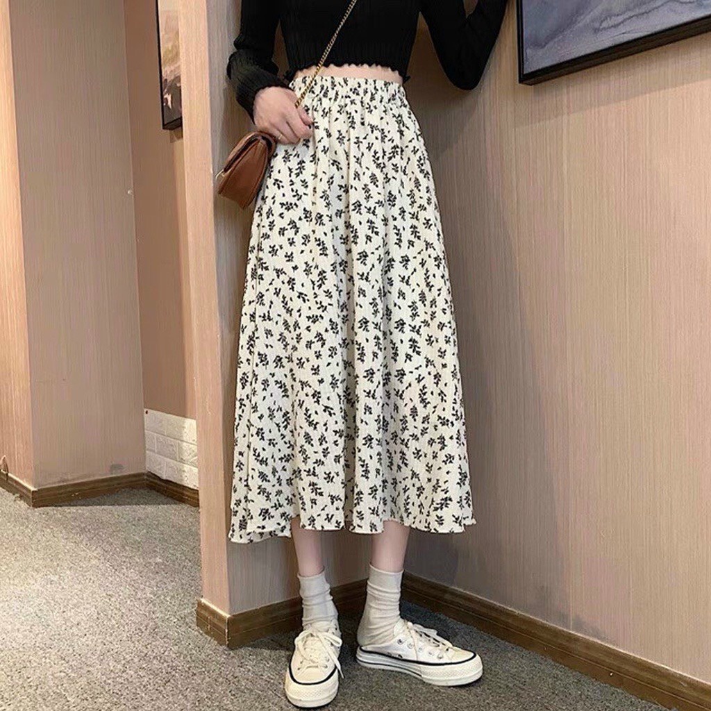 Chân váy hoa nhí vintage hàn quốc, váy hoa nhí dáng dài đen trắng vải voan 2 lớp siêu xinh