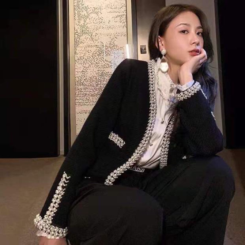 Áo Khoác Dạ ép viền áo đính ngọc/ Có ảnh& video hình thật