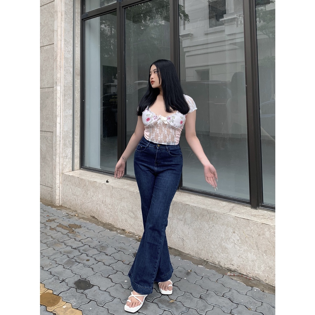 ( Quần BigSize 32-36) Quần Jean Ống Loe Xanh Đậm Bigsize, Lưng Cao Qua Rốn, Co Giãn Tốt