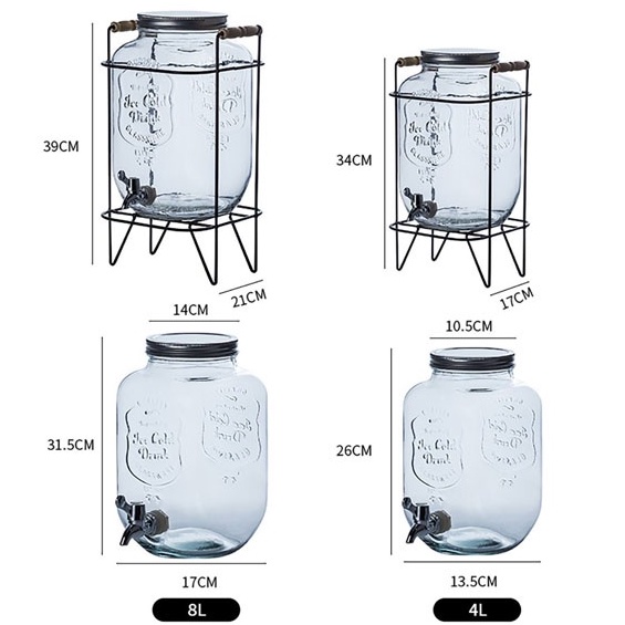 Bình đựng nước thủy tinh 4L / 8L cao cấp có vòi rót kèm kệ tiện lợi
