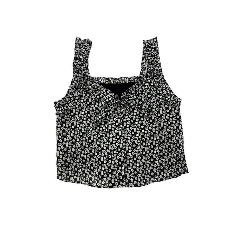 Áo hai dây cổ chữ V in hoa màu trắng đen vải thoáng khí thời trang mùa hè cho nữ