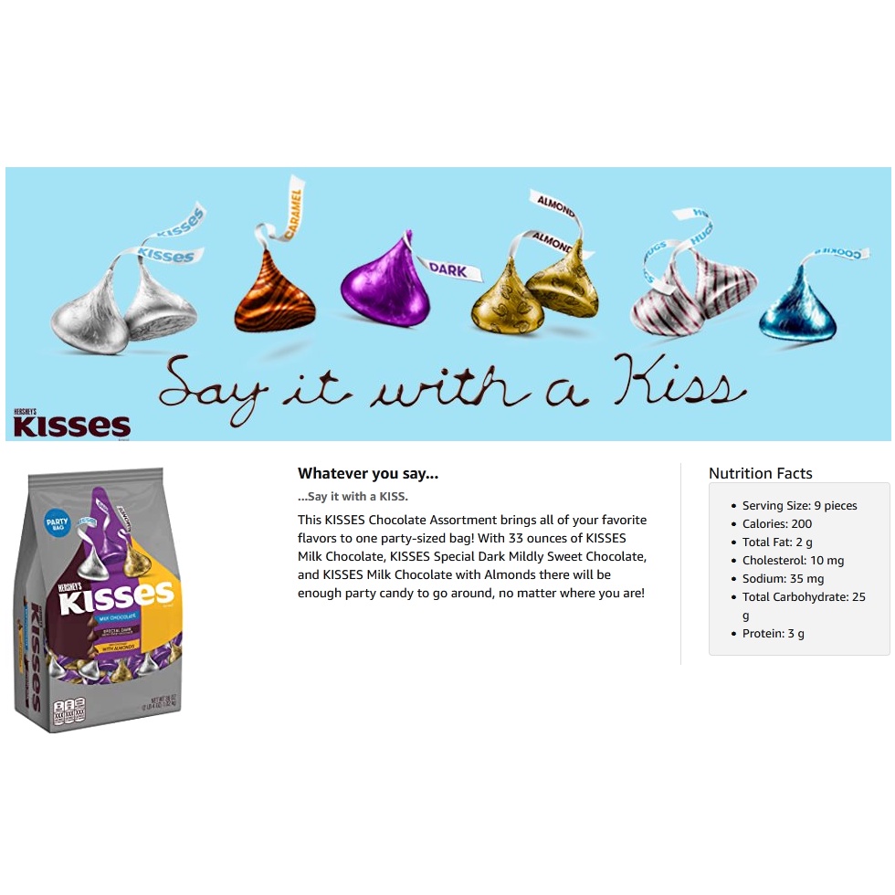 TÚI 935g MIX 3 LOẠI SOCOLA HERSHEY'S KISSES Assorted Chocolate Candy, 33oz (socola sữa, đen và socola sữa hạnh nhân)