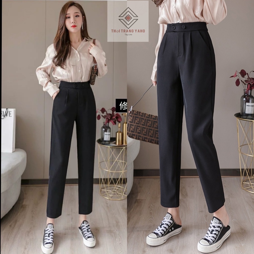 ◄☢Quần tây nữ công sở cạp lưng cao dáng baggy dài ống đứng vải đen mềm mịn co giãn nhẹ - đi học 2 khuy nút bấm