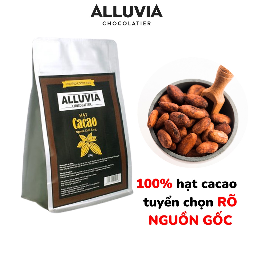 Hạt cacao Nibs rang nguyên chất 100% không đường không chất bảo quản Alluvia Chocolate túi 200 gram