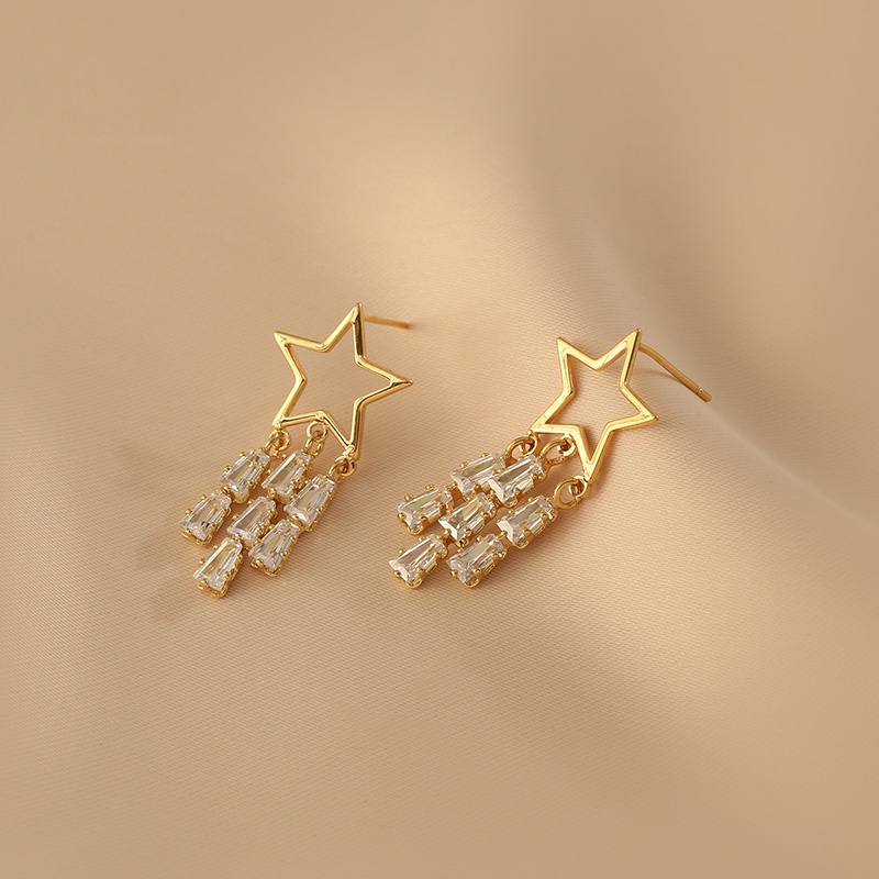 Bông Tai Mạ Bạc 925 Hình Ngôi Sao Tua Rua Đính Đá Thời Trang