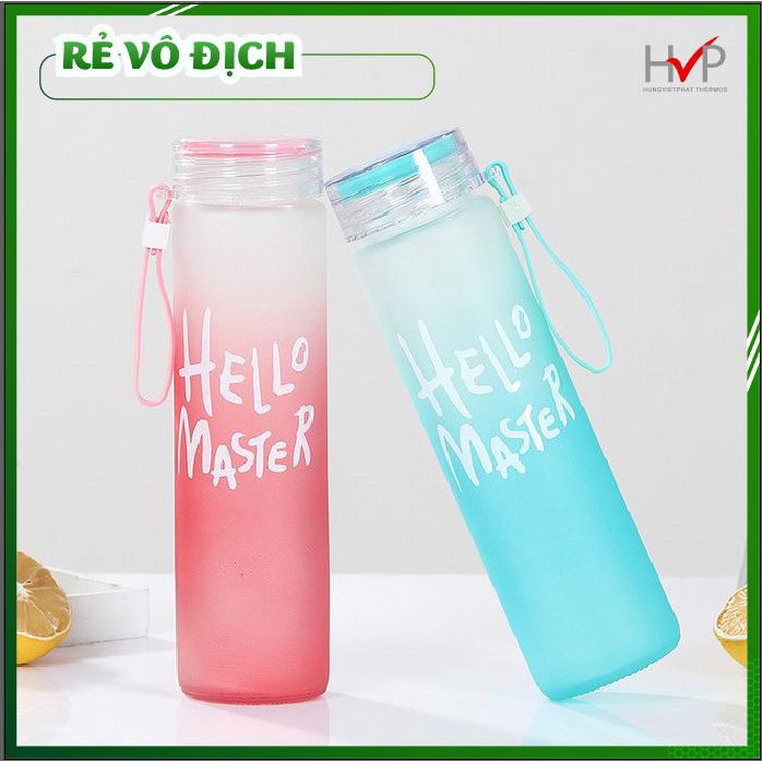 Bình nước thủy tính FREE SHIP  Bình nước thủy tinh Hello master nhiều màu xinh xắn, dung tích 420ml