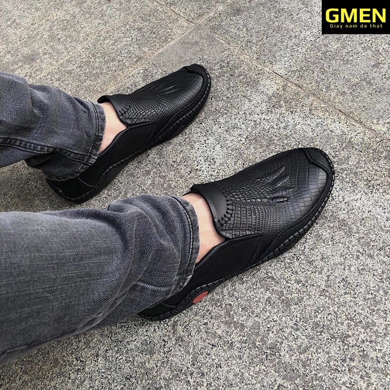 Giày lười nam chất liệu da bò dập vân cá sấu đế cao su khâu chỉ bền bỉ GM 0103