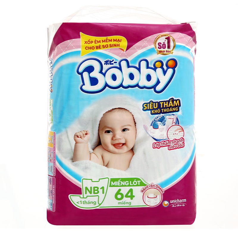 Tã bobby Miếng lót sơ sinh Bobby NB1 64/ NB1 108 miếng cho bé