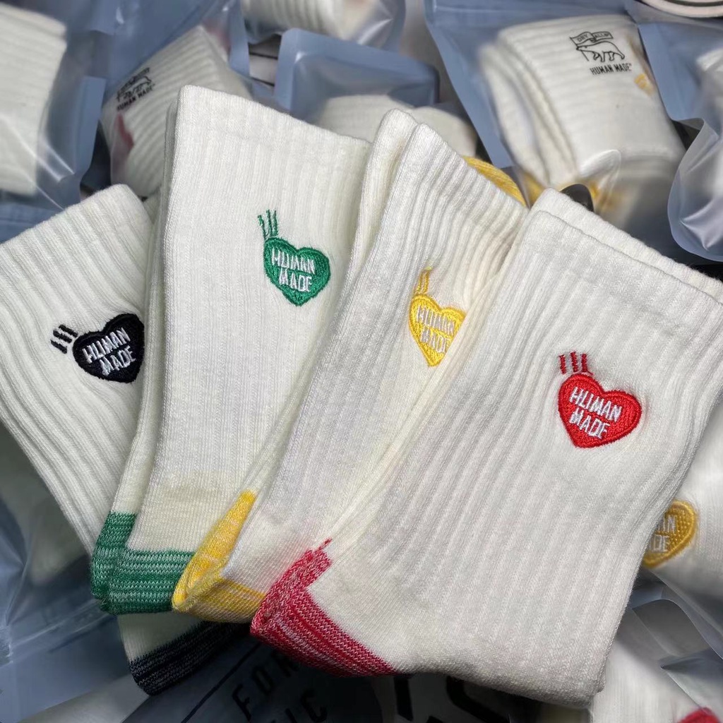 HUMAN MADE Tất Vớ Cotton Cổ Vừa Thêu Họa Tiết Trái Tim Phong Cách Nhật Bản Dễ Thương Thời Trang