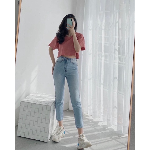 Quần momjeans trơn lưng cao qua rốn