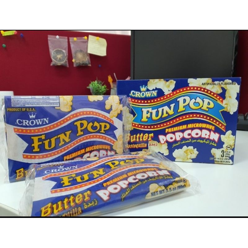 Bắp nổ Fun Pop King Crown Butter Vị Bơ Mantequilla - Hộp 3 túi 297g/hộp