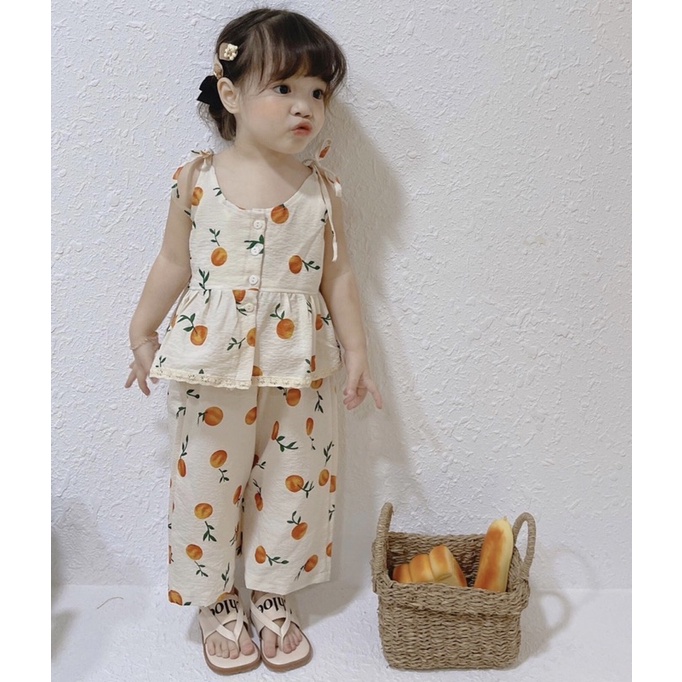 Set bộ bé gái áo 2 dây quần ống rộng thiết kế chất đũi