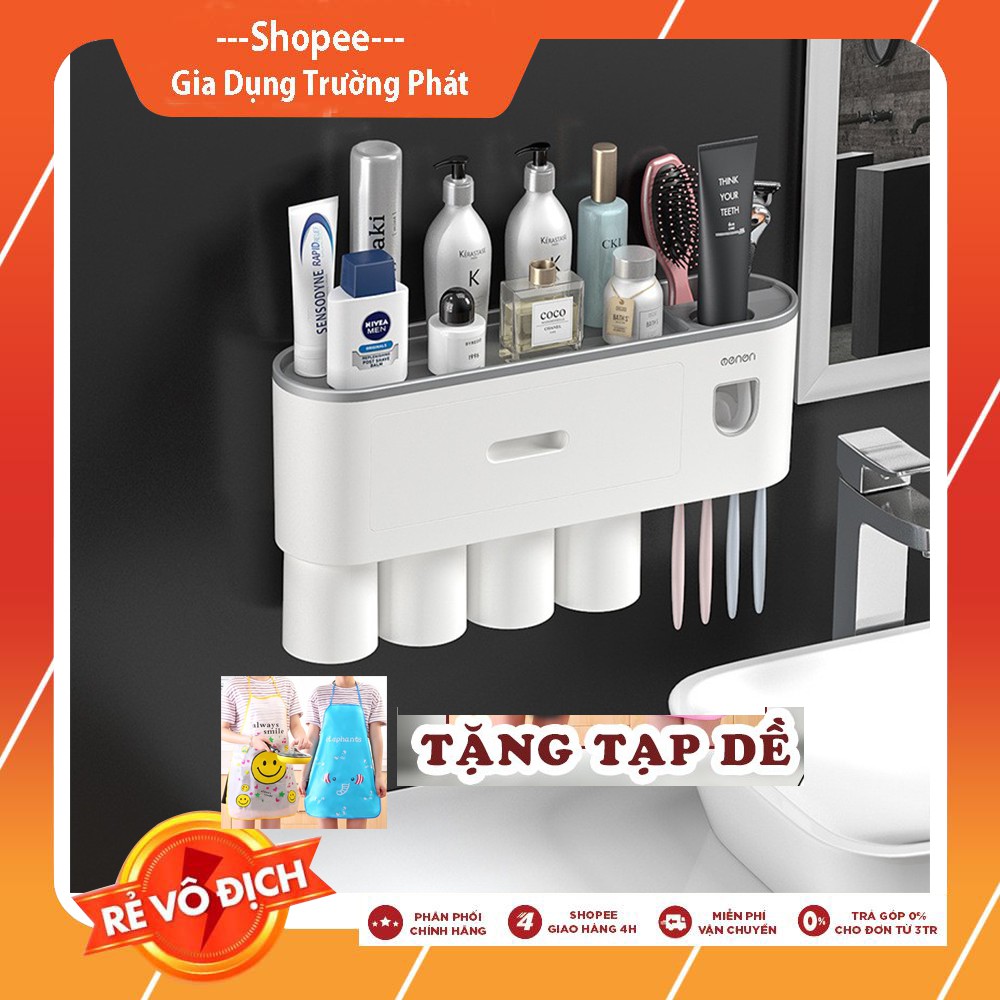 Bộ nhả kem đánh răng tự động, kệ để đồ phòng tắm cao cấp (Tặng kèm tạp dề)