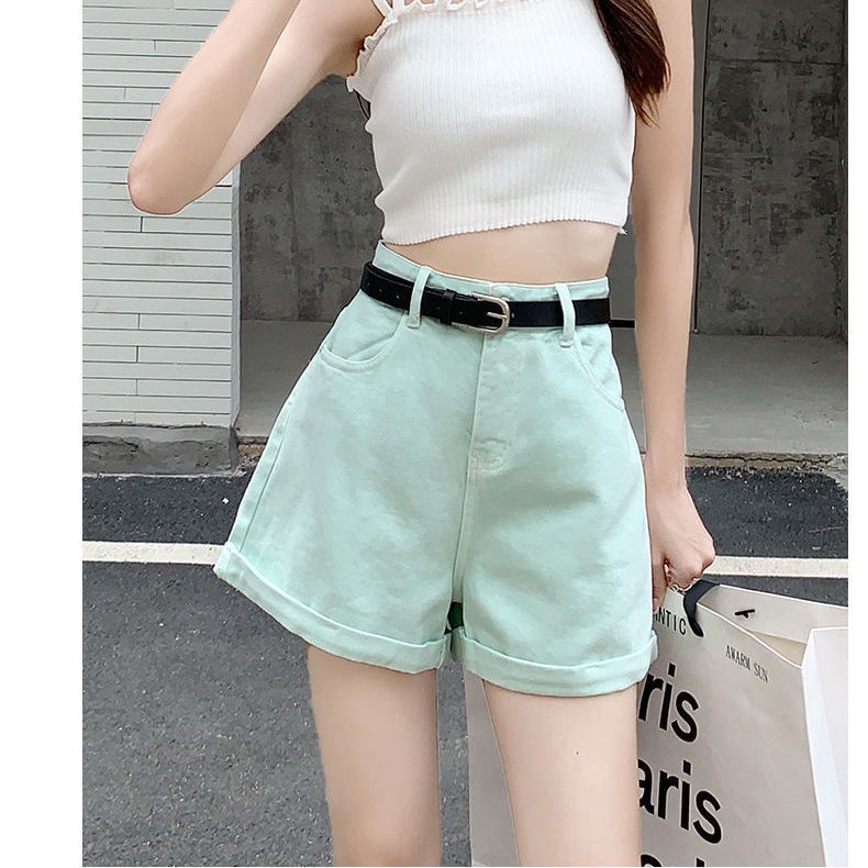 Jiashucheng Quần Short Denim Lưng Cao Dáng Rộng Mỏng Màu Sắc Ngọt Ngào Thời Trang Cho Nữ