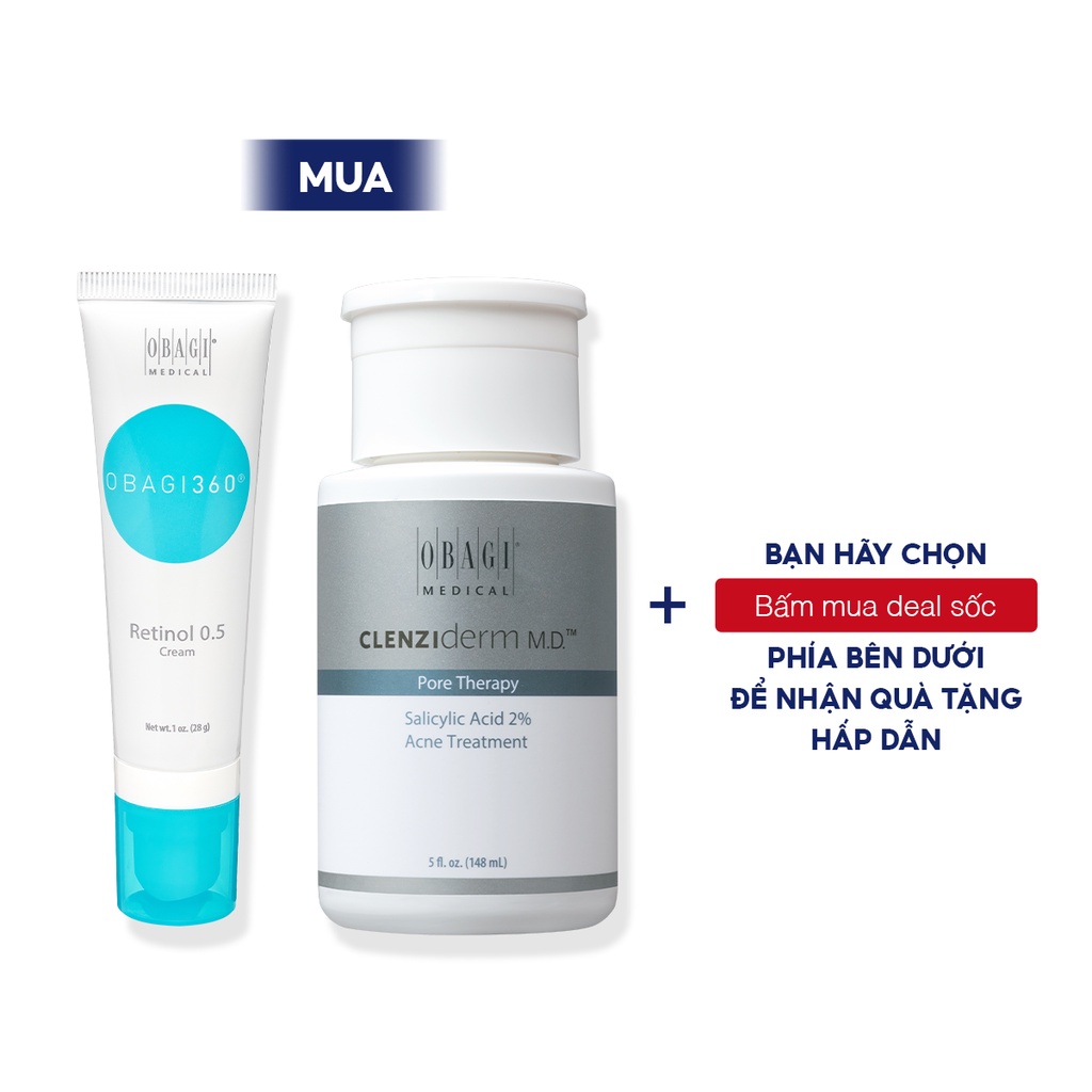 Bộ đôi giảm mụn: Kem dưỡng Obagi 360 Retinol 0.5 28g & BHA Obagi Clenziderm Pore Therapy 148ml -  Ngừa mụn, giảm dầu, ch