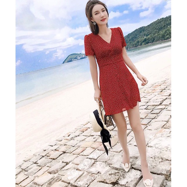 Đầm váy freesize bi đỏ rối bo eo cổ V