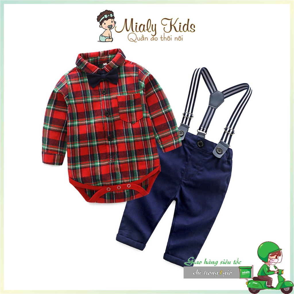 Set sơmi caro tay dài và quần yếm (4-14kg) năng động thời trang Mialy Kids cho bé trai - chất liệu mềm đứng dáng