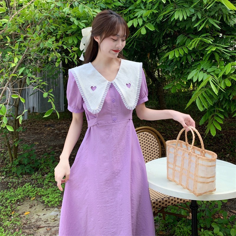 Váy đầm cổ trắng tim nhiều màu có dây thắt eo phong cách Hàn Quốc