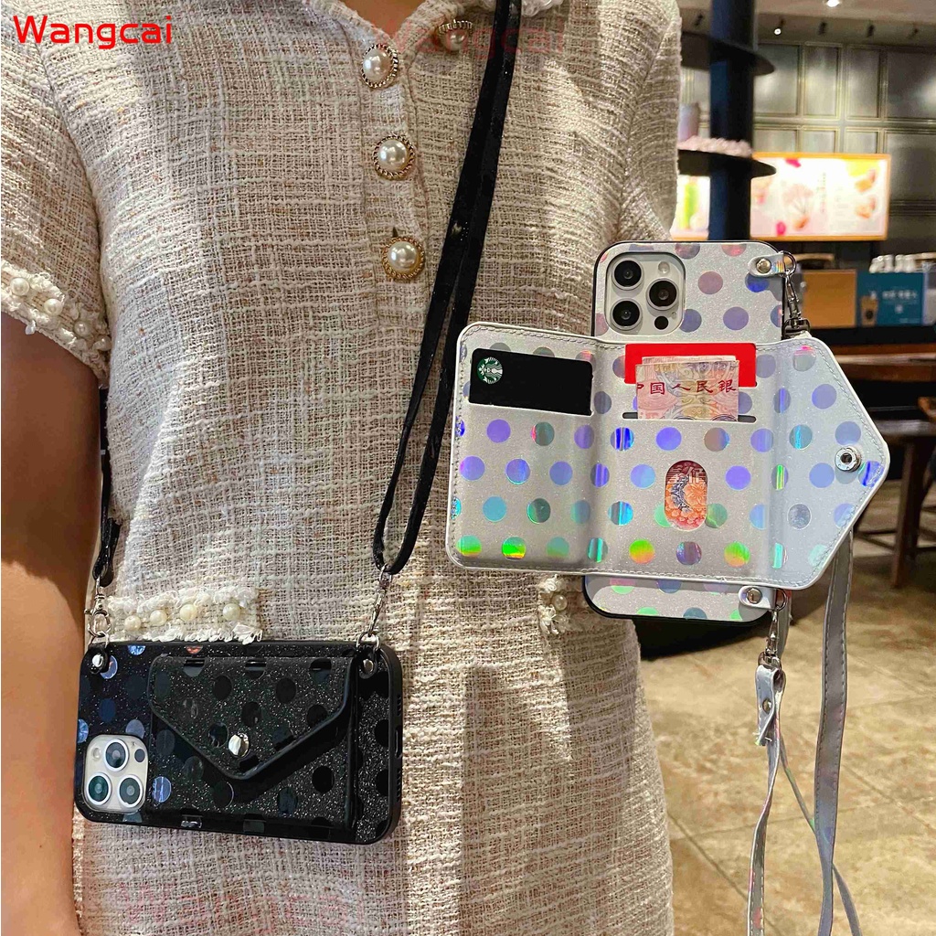 Ốp điện thoại kèm ví họa tiết chấm bi với dây đeo thích hợp cho iPhone 12 Mini 12 11 Pro Max XS Max XR X 7 8 6 6s Plus