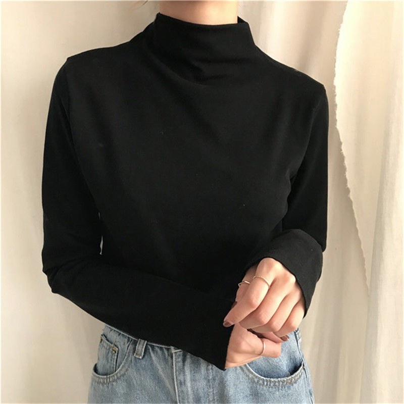 Áo thun cổ lọ co dãn thu đông, Áo thun nữ cổ cao chất cotton SUNA FASHION