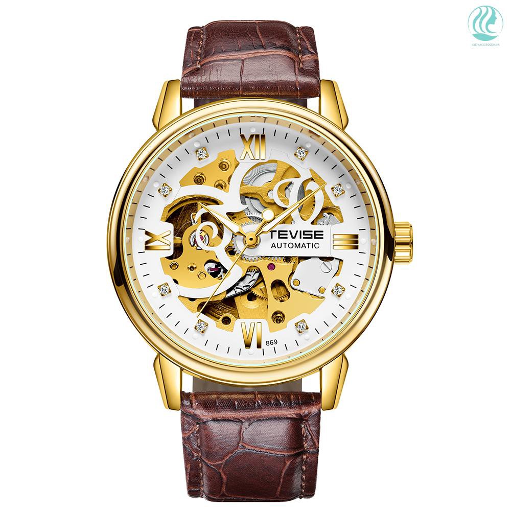 🌱TEVISE Men Watches Automatic Mechanical Skeleton Diamond-Studded Watch Genuine Leather Band Luminous Hands 3ATM 