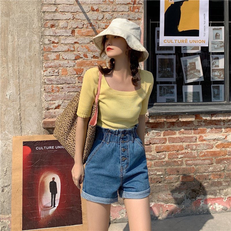 Quần short jean nữ lưng thun nút 3 size SML
