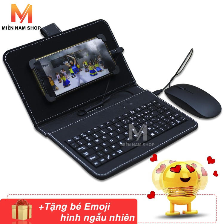 Bộ Combo bao da bàn phím kèm chuột + lót chuột cho điện thoại, máy tính bảng từ 4.5-7 inch + EMOJI giải trí