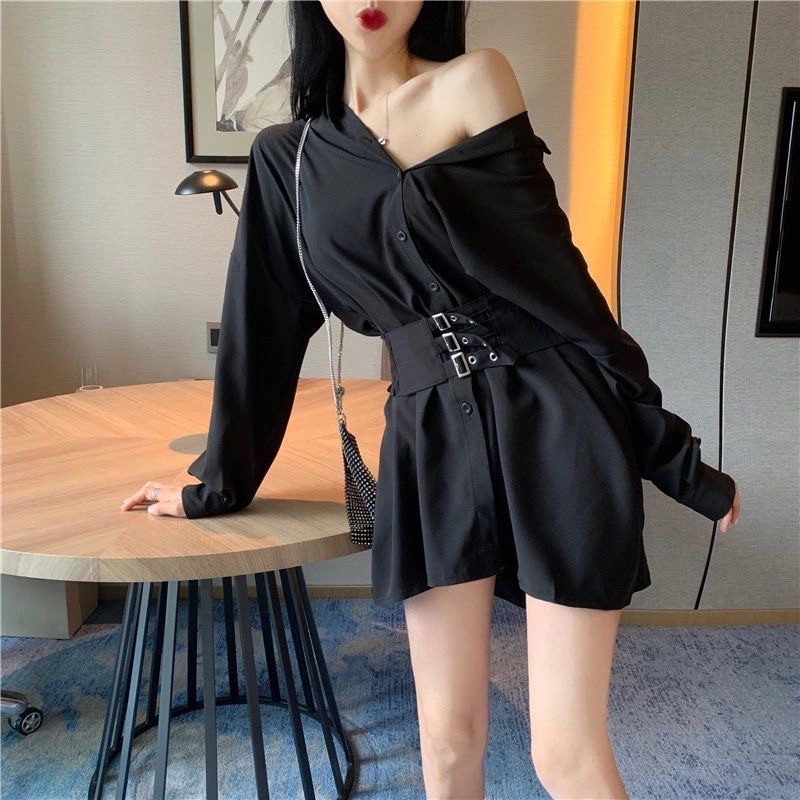 Váy Sơ Mi Giấu Quần Nữ Màu Trắng Đen Cổ Sơ Mi Cài Cúc Tặng Đai Dài Tay Suông Style Hàn Quốc Chất Loại 1 Hàng Quảng Châui