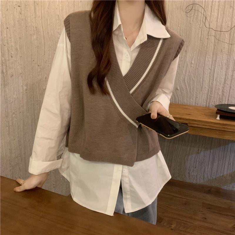 ZHELIHANGFEI Áo Len Không Tay Dáng Rộng Phong Cách Preppy Dễ Phối Đồ