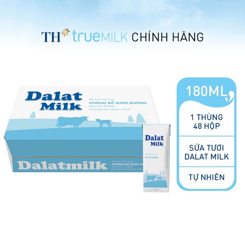 Thùng 48 hộp Sữa Tươi Tiệt Trùng DaLat Milk Vị Tự Nhiên - Không Đường 180ml &quot;Giá Bán Đã Trừ Khuyến Mãi&quot;