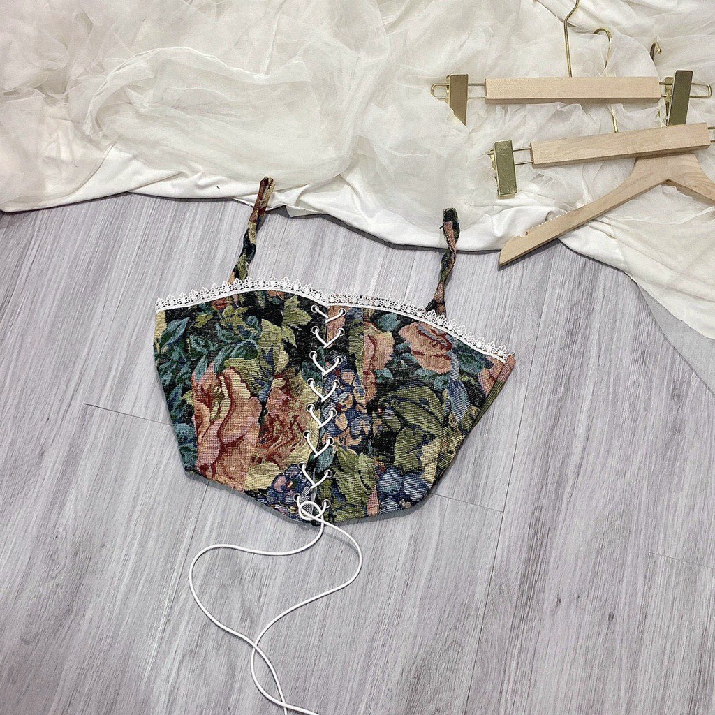 áo croptop họa tiết hoa thổ cẩm đan dây trước viền ren xinh 2 dây
