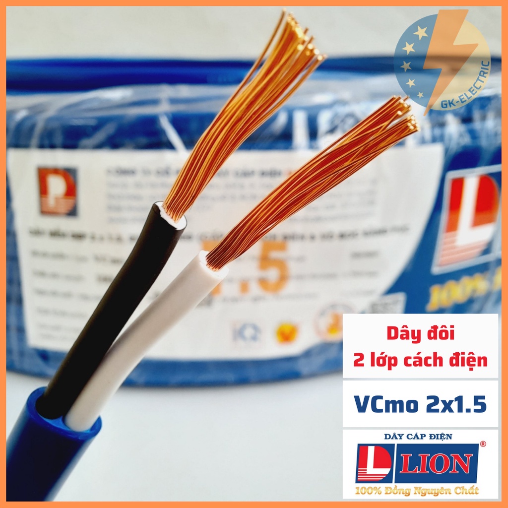 [bán theo mét] Dây điện đôi oval, 2 lớp cách điện LION VCmo 2 x 1.5 - màu ngẫu nhiên