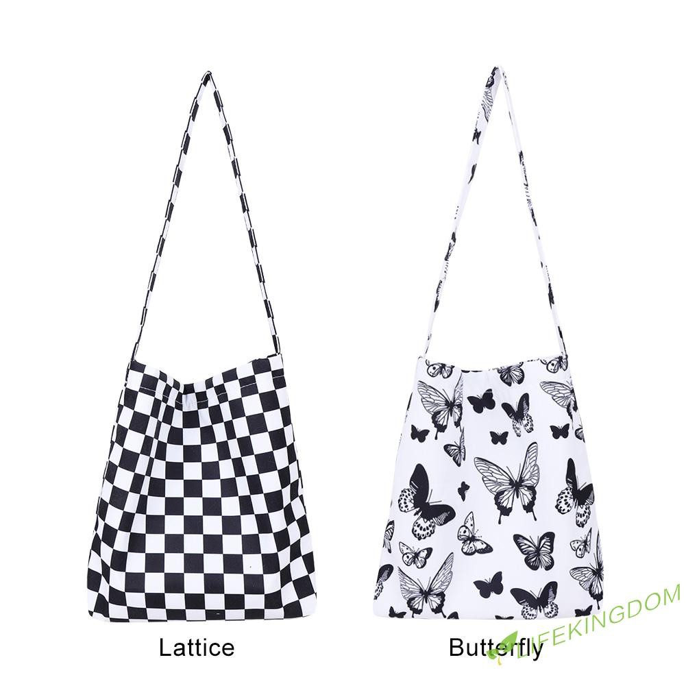 Fashion Women Checkerboard Butterfly Print Canvas Shopping Bag Tote Handbag