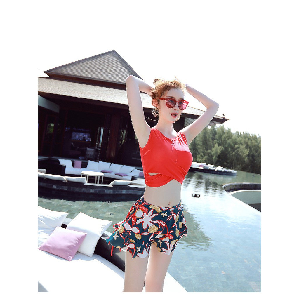 Bộ đồ bơi bikini hai mảnh 3 chi tiết đi tắm biển nữ mùa hè - màu Đỏ cam⚡ kèm ảnh thật ⚡