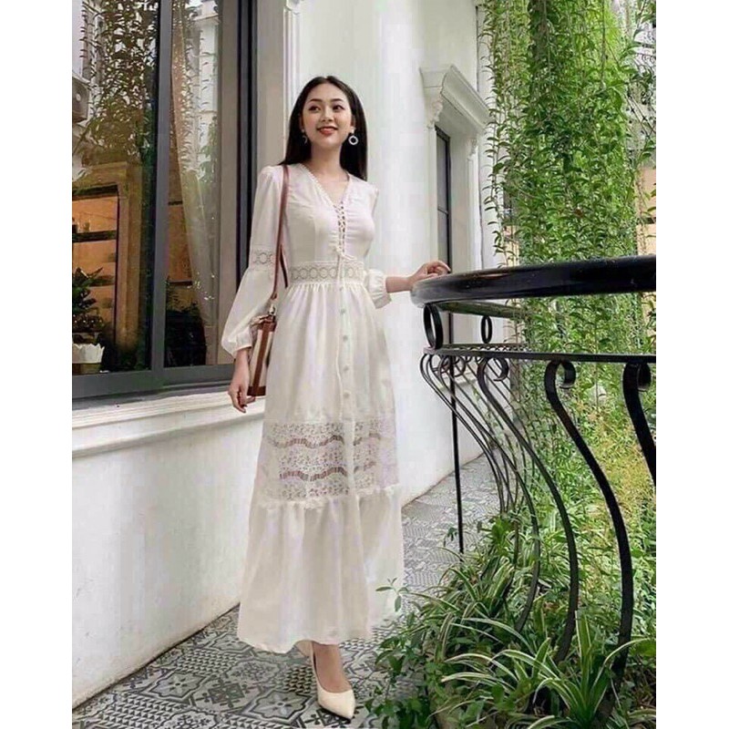 ➖ ĐẦM MAXI TRẮNG PHỐI REN ĐAN NGỰC BOHO