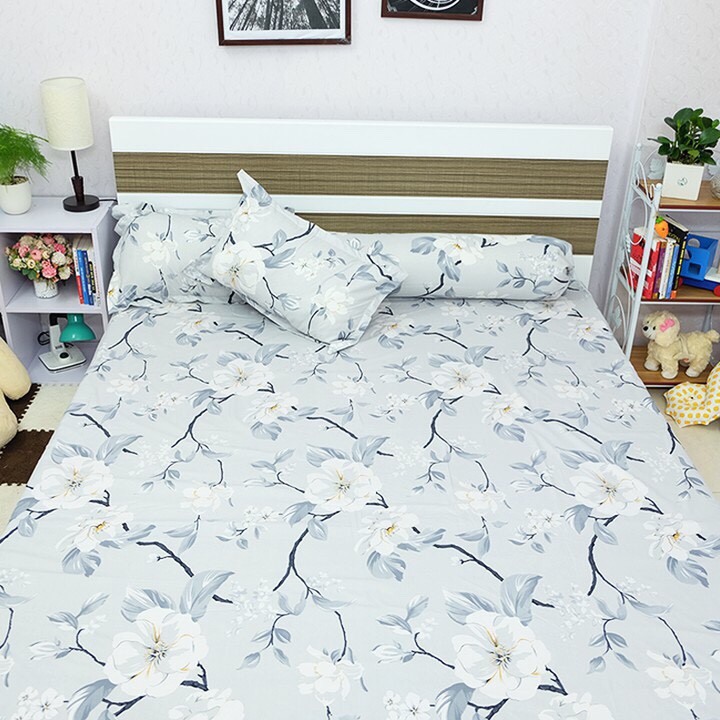 Bộ ga chun và 2 vỏ gối cotton poly Emmidecor - Mẫu hoa ghi siêu đẹp