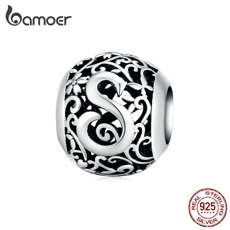 Mặt trang sức bamoer SCC1444 hình tròn họa tiết chữ cái bằng bạc thật 925 dùng làm trang sức độc đáo