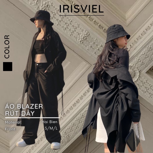 Áo Khoác Blazer Tay Dài Form Suông Rộng 1 Lớp Màu Đen Kết Hợp Rút Dây Sườn Cá Tính IRISVIEL